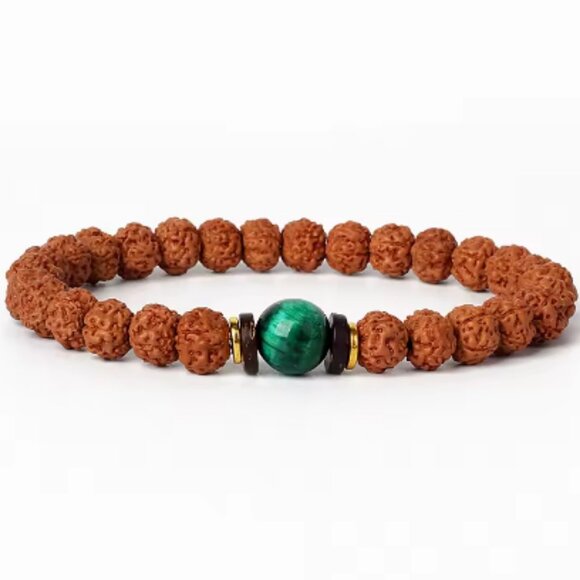 Rudraksha Bracelet,Bodhi Mala Bracelet,Tibetan Bracelet,Green Tiger Eye Middle - Picture 1 of 1
